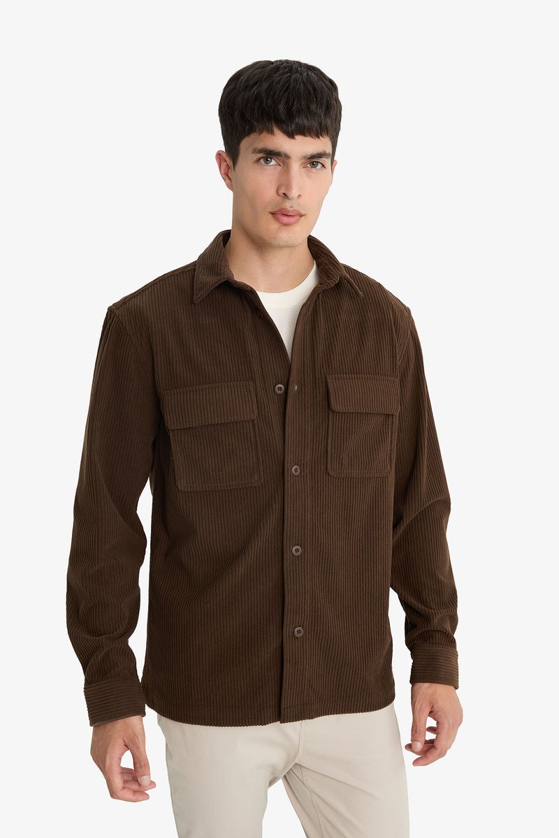 DeFacto Brown Man Regular Fit Polo Collar Long Sleeve Shirt Casual - Image 4
